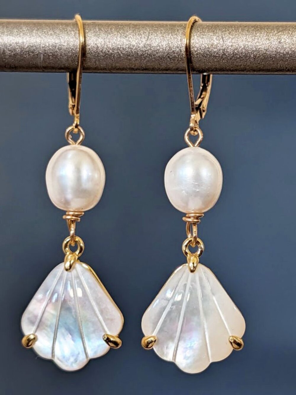 14k Gold Filled Ivory Pearl & Mother of Pearl Shell Dangle Earrings